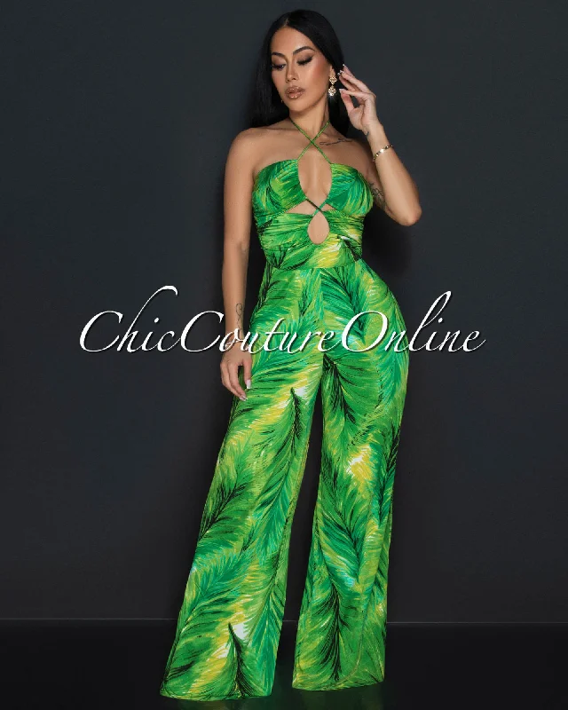 Lille Green Leaf Print Halter Cut-Out Jumpsuit Casual Women's Japanese 