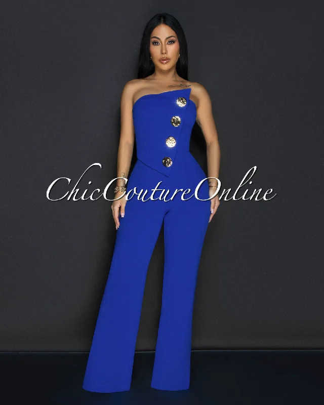 Amiri Royal-Blue Gold Accent Button Strapless Jumpsuit Traditional Women's 