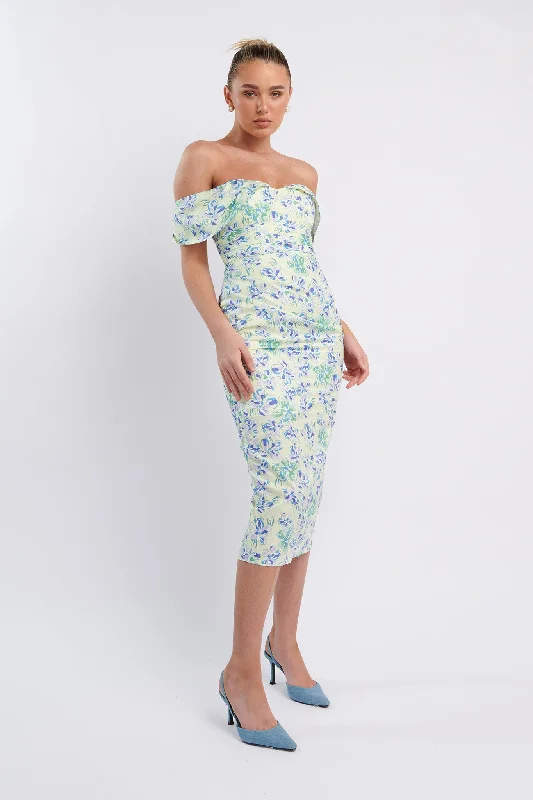 Lillianne Off-Shoulder Midi Dress Floral Blue Monochromatic All - in - one