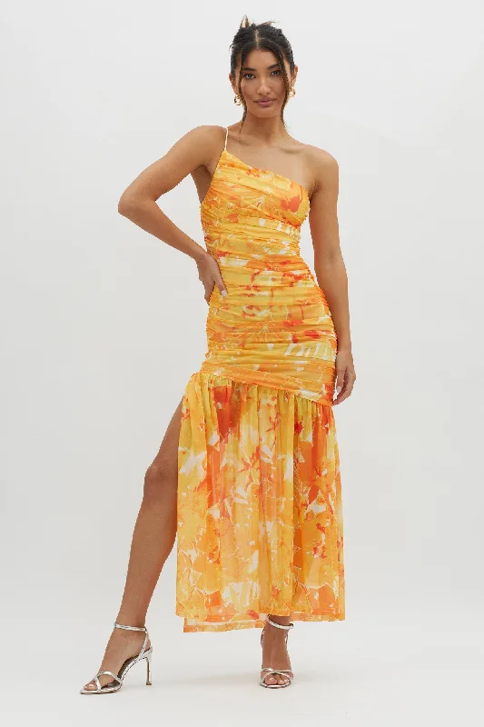 Golden Sun One-Shoulder Ruched Maxi Dress Yellow Modern Women's 
