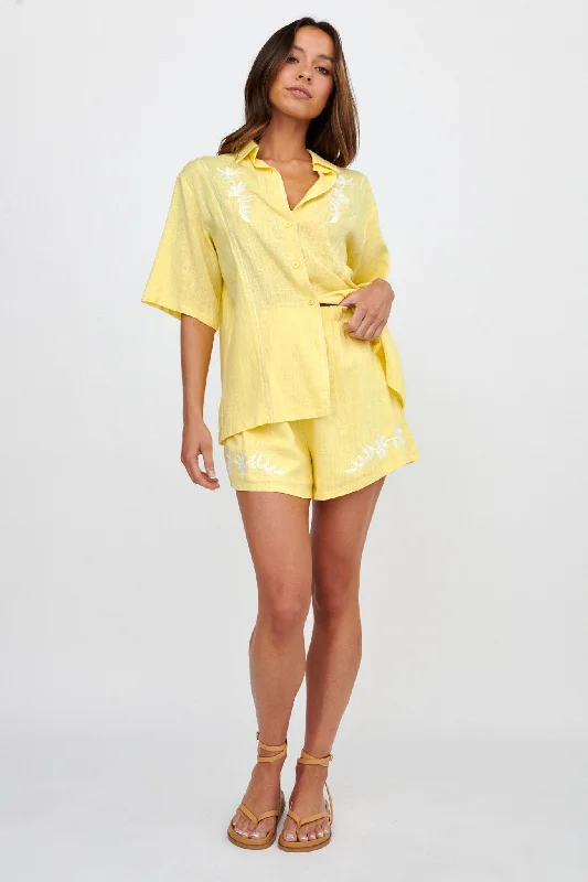 Jeni Embroidered Detail Shorts Yellow Dapper Women's Bow - adorned