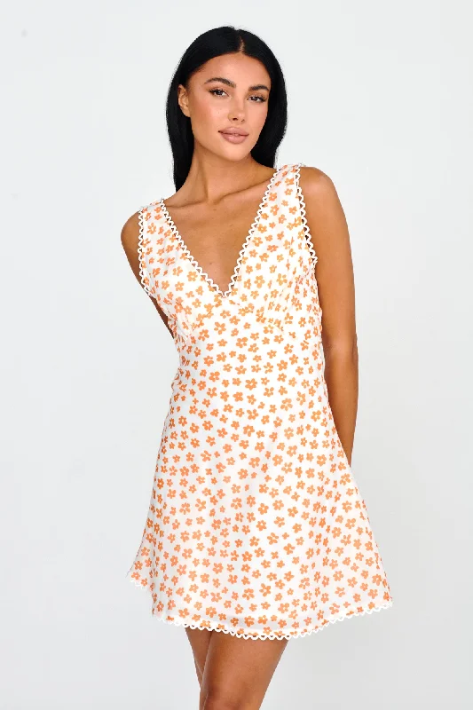 Miss Divine V-Neck Sun Dress Flower Tangerine Modern Women's 