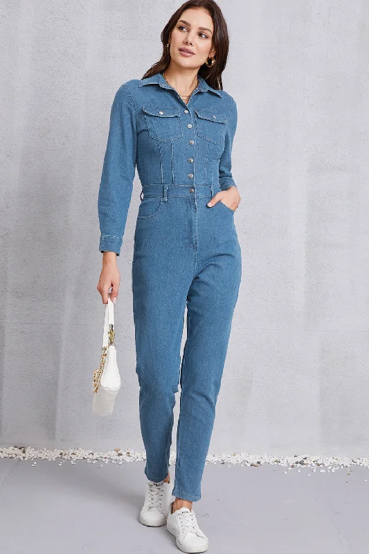 Snap Down Denim Jumpsuit with Pockets Business