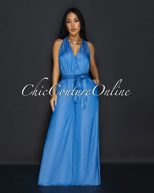 Halana Medium Denim Chambray Halter Jumpsuit Hip Women's Retro