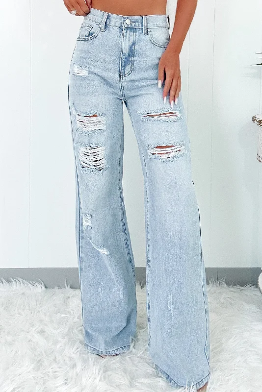 Beau Blue Light Wash Distressed High Waist Wide Leg Jeans Stylish Women's Neon