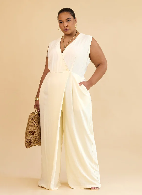 Alia Linen Wrap Overlay Wide Leg Jumpsuit - Ivory Sporty Women's Tennis