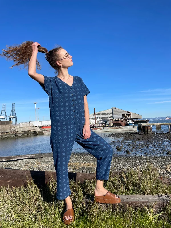Short Sleeve Light Indigo Cross Jumpsuit (XS-XL) Earthy Women's 