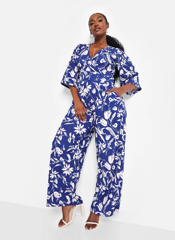 Delphine Floral Flare Sleeve Jumpsuit - Navy Country