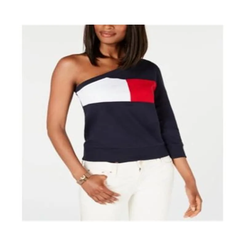 Tommy Hilfiger Women's One Shoulder Colorblocked Sweatshirt Blue Size Medium Scandinavian