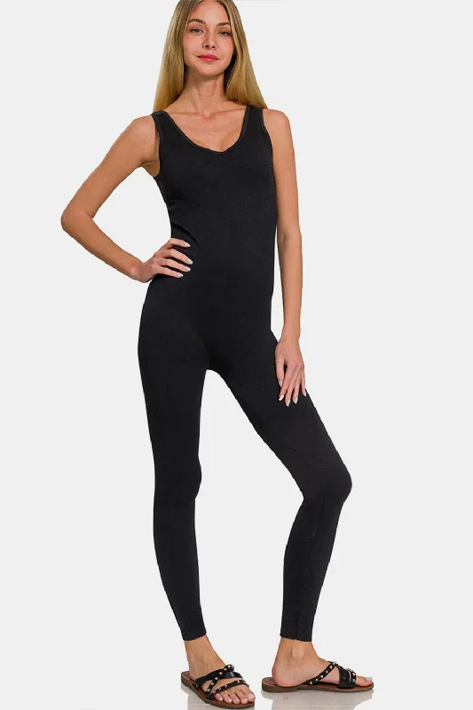 Zenana Ribbed Bra Padded Sports Seamless Jumpsuit Stylish Women's Tropical 