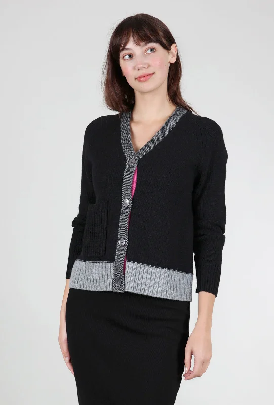 Elbow-Patch Cardie, Black Sporty Women's Athleisure 