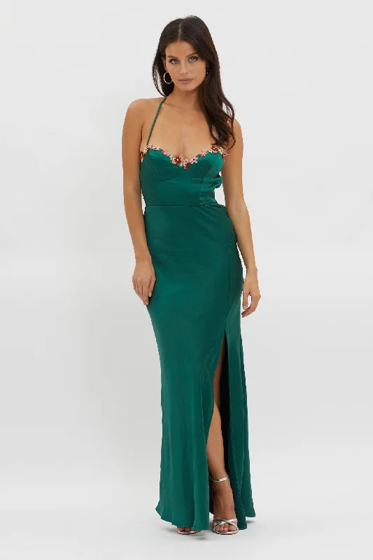 Bonsoir Floral Embroidery Trim Maxi Dress Forest Green Sophisticated Women's Tailored