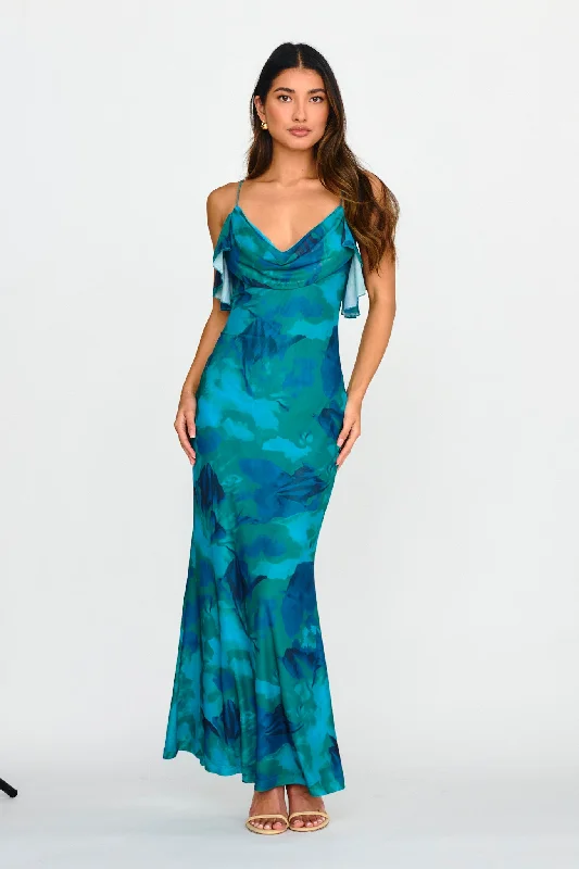 Jannie Draped Neckline Cami Dress Abstract Green Bold Women's Statement