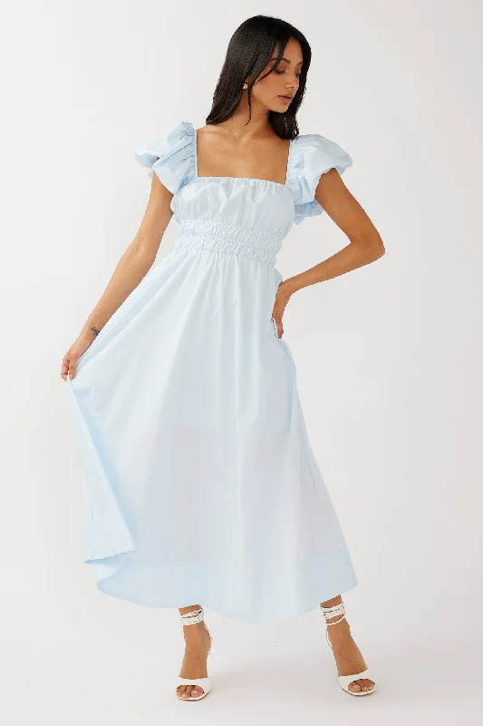 Rose Meadow Puffed Sleeve Midi Dress Blue Casual Women's Japanese 