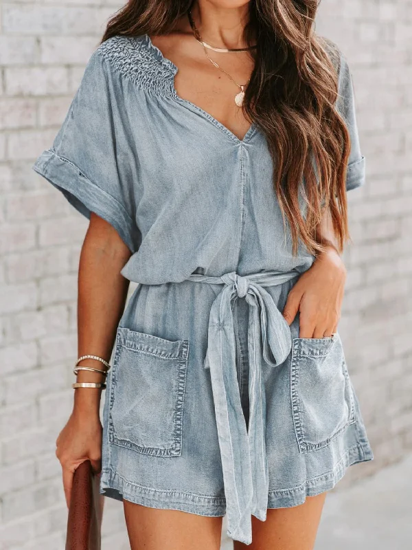 Notched Tie Waist Denim Romper Sleek Women's Metallic