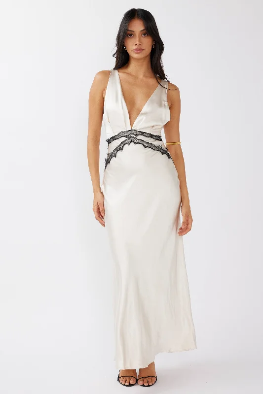 Theriz Lace Trim Tied Back Maxi Dress Champagne Modern Women's 