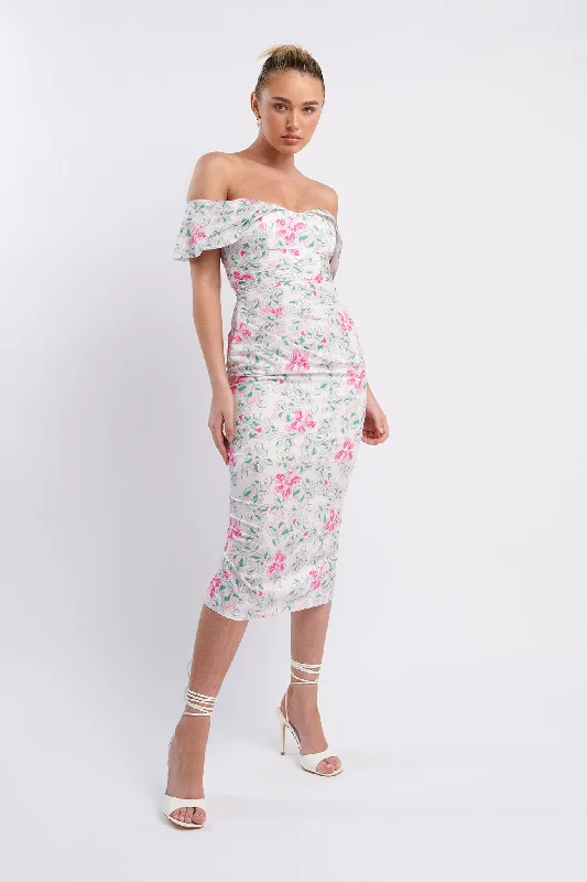Lillianne Off-Shoulder Midi Dress Floral Pink Sleek Women's Metallic