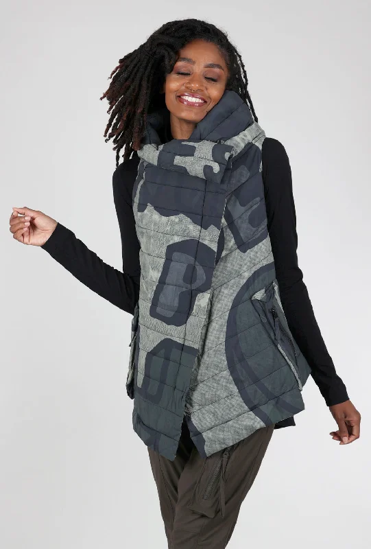 Asym Zip Puffer Vest, Jungle Multi Geometric