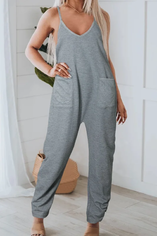 Pocketed V-Neck Spaghetti Strap Jumpsuit Practical Women's Quick - dry