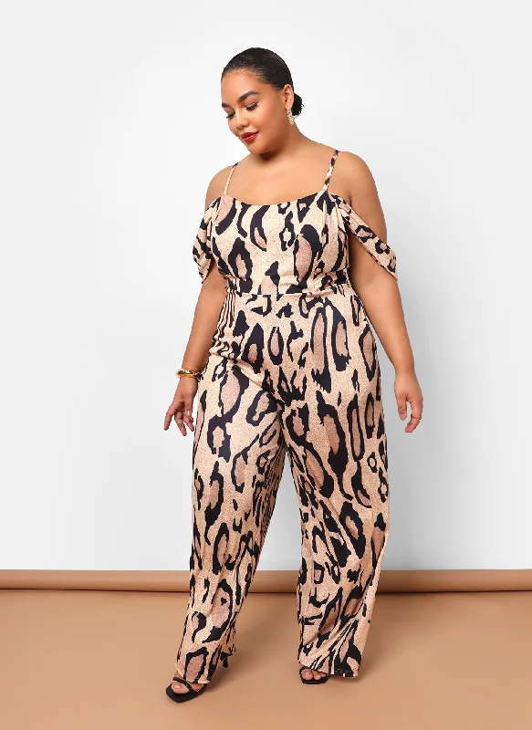 Sarriyah Leopard Drop Sleeve Bell Bottom Jumpsuit Refined Women's Velvet