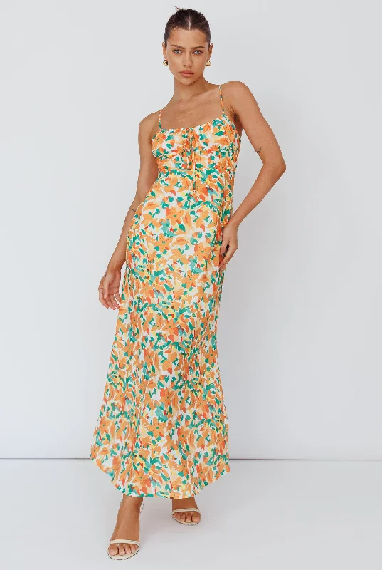 Solstice Noon Tied Bust Midi Dress Print Orange Modern Women's Tech