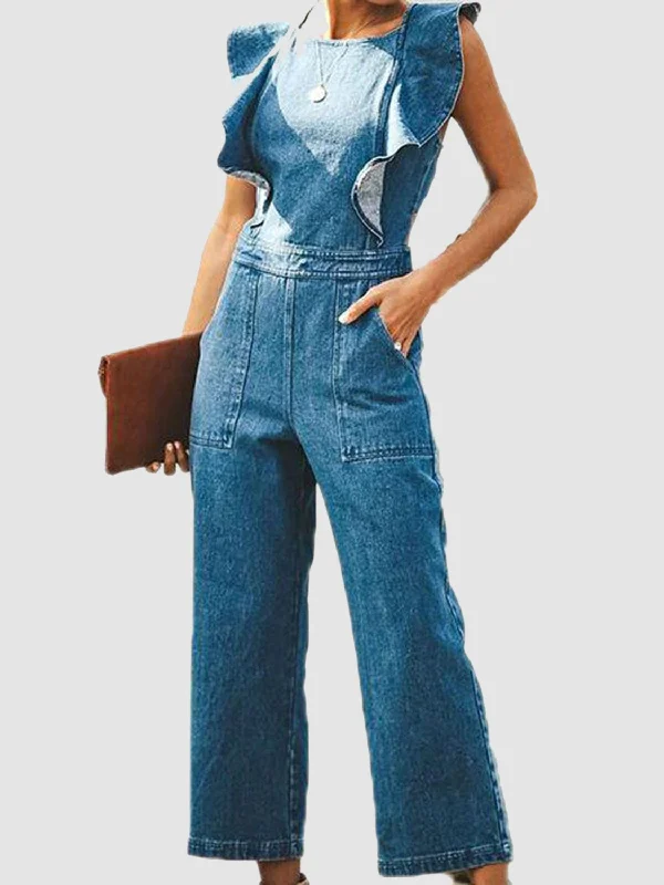 Ruffled Backless Sleeveless Denim Jumpsuit Gym