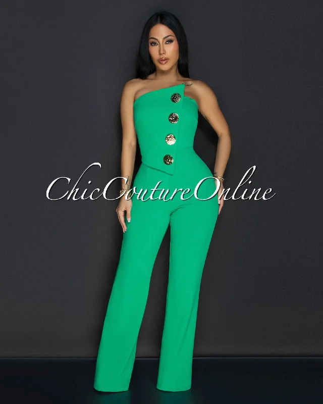 Amiri Kelly Green Gold Accent Button Strapless Jumpsuit Sleek Women's 