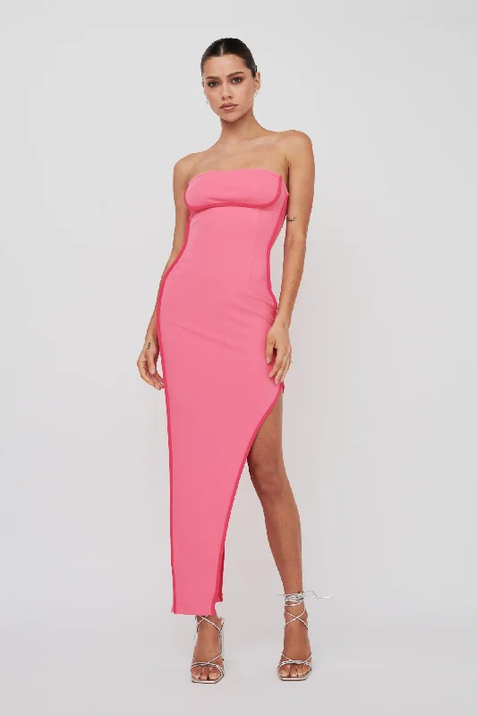 October Strapless Piping Midi Dress Hot Pink Cozy Women's Sherpa - lined