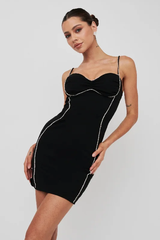 Next To You Diamante Trim Mini Dress Black Artistic Women's Hand - painted