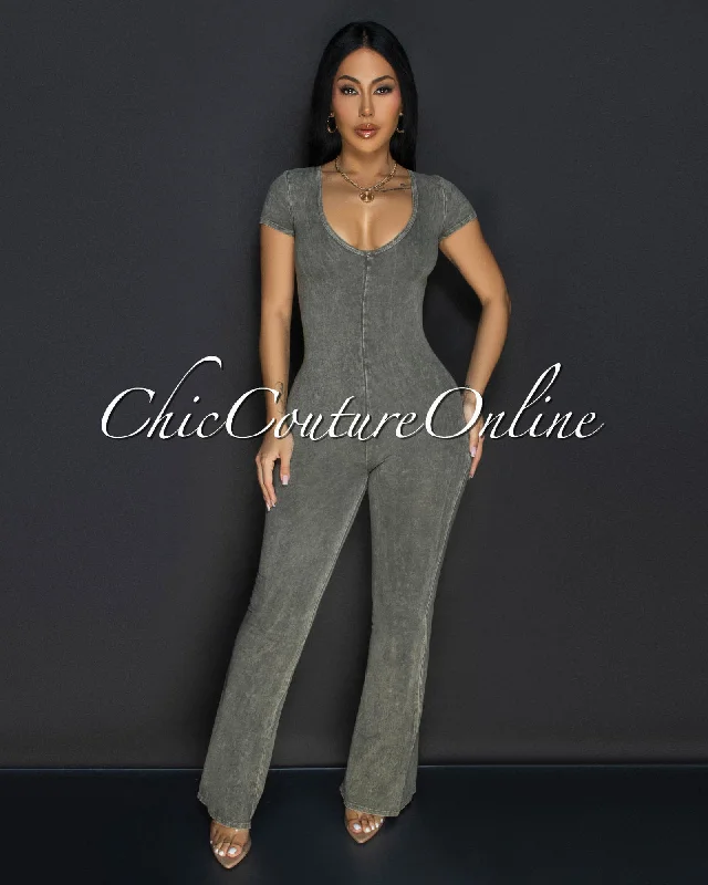 Polina Olive Green Acid Wash Jumpsuit Monochromatic All - in - one
