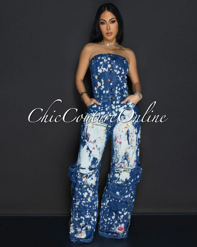Whitney Medium Denim Strapless Cargo Paint-Dye Jumpsuit Disco