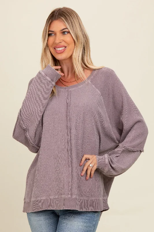 Taupe Mixed Knit Raw Hem Pullover Top Stylish Women's Neon