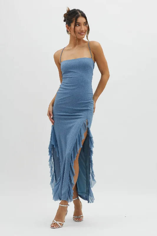 Rosilyn Split Ruffle Midi Dress Blue Practical Women's Multi - 