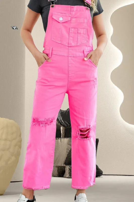 Distressed Pocketed Wide Strap Denim Overalls Streetwear Style for 