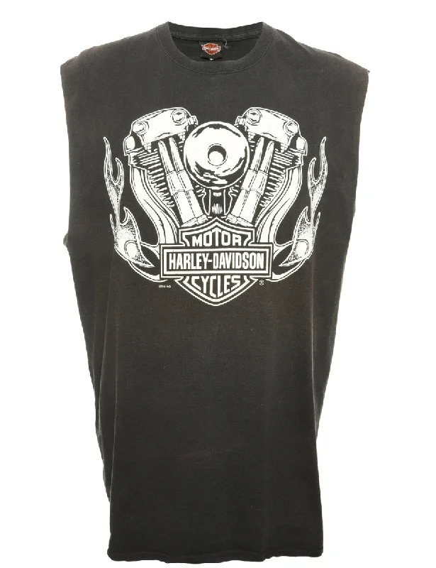 Black Harley Davidson Printed T-shirt - L Unique Women's Upcycled