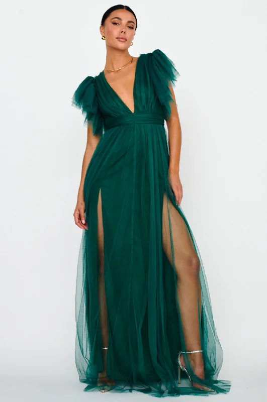 Heaven's Love Deep V-Neck Tulle Maxi Dress Hunter Green Tough Women's Military - inspired