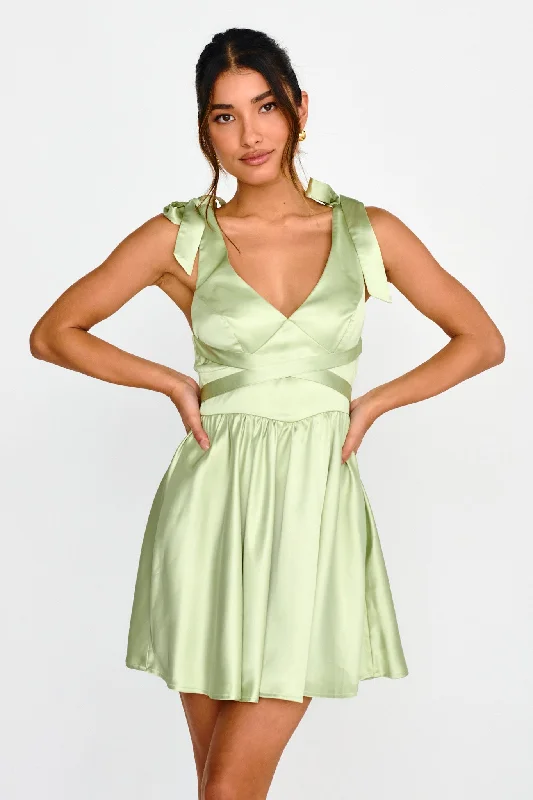 Majesty Tied Shoulder Mini Dress Lime Laid - back Women's Vibe