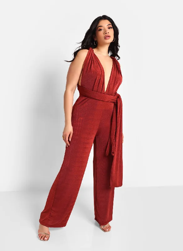 Sol Slinky Tie Back Wide Leg Jumpsuit - Brick Feminine Women's Style 