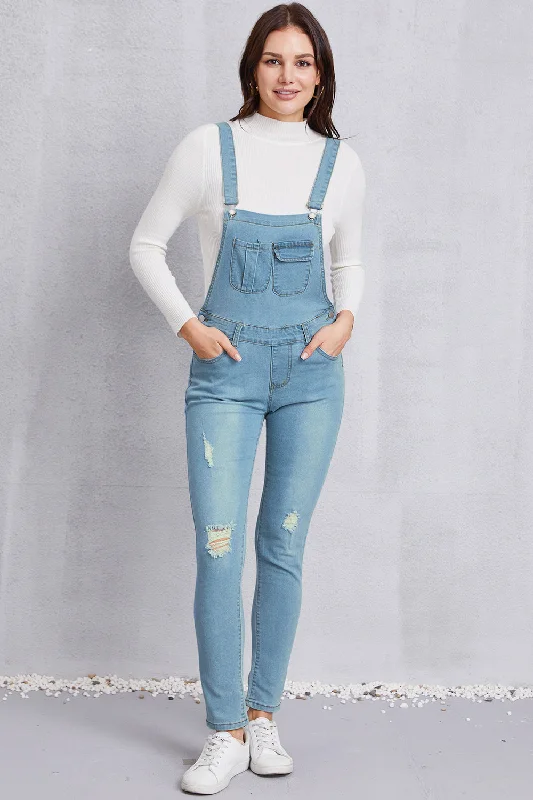 Distressed Washed Denim Overalls with Pockets Earthy Women's Hemp - based