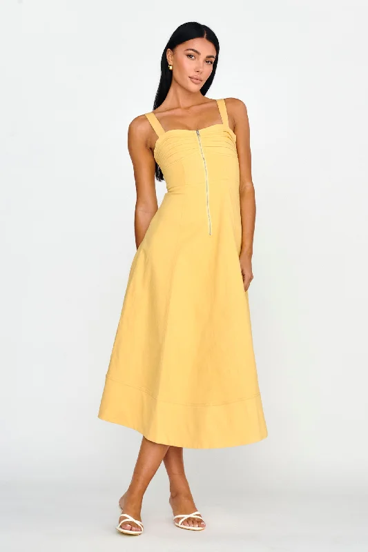 Emilio Pleated Bust A-Line Midi Dress Yellow Luxurious Women's High -  end