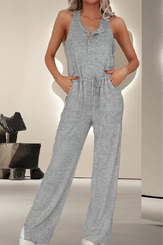 Drawstring Quarter Button Wide Strap Jumpsuit Unique Women's Upcycled