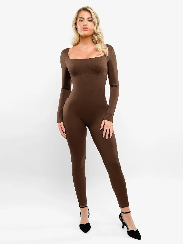 Shapewear Square Neck Long Sleeve Butt Lift Jumpsuit Geometric