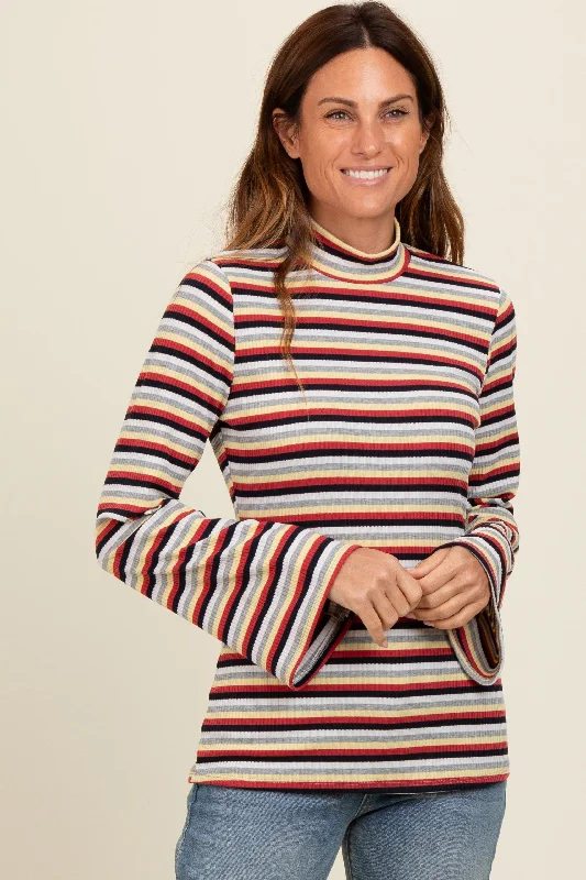 Navy Striped Knit Bell Sleeve Top Relaxed Women's 