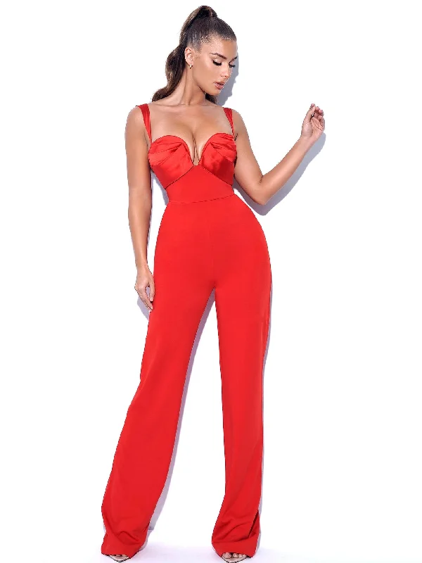 Onika Red Satin and Crepe Jumpsuit Classic Women's Pin - striped