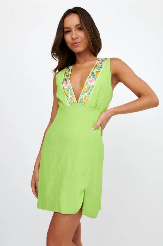 Cozumel V-Neck Embroidered Mini Dress Lime purpose