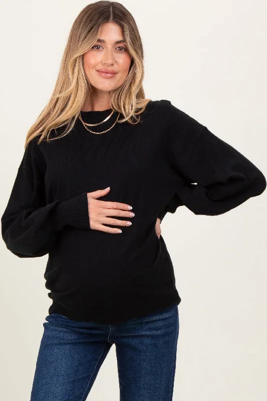 Black Fine Knit Balloon Sleeve Maternity Sweater Cashmere