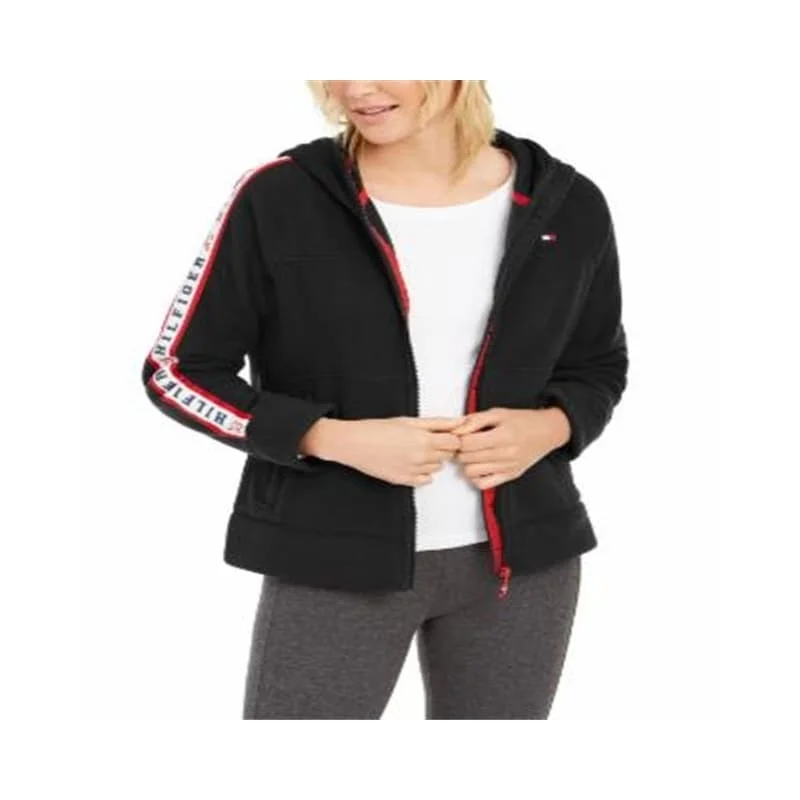 Tommy Hilfiger Women's Cotton Blend Striped Logo Sport Hoodie Black Size Medium performance