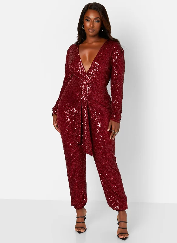 Empowered V-Neck Long Sleeve Sequin Jumpsuit Australian Beach
