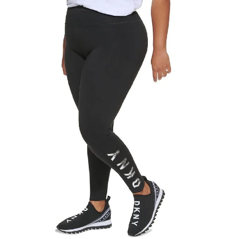 DKNY Women's High Waisted Full Length Logo Leggings Black Size 2X Earthy Women's 