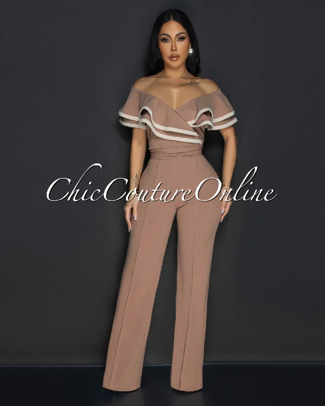 Mara Nude Beige Trim Ruffle Bust Jumpsuit Refined Women's Classic 